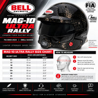 Thumbnail for Bell MAG-10 ULTRA Rally Carbon Fiber SA2025 helmet sizing chart with head circumference measurements, FIA 8859-2024 and Snell SA2025 certification