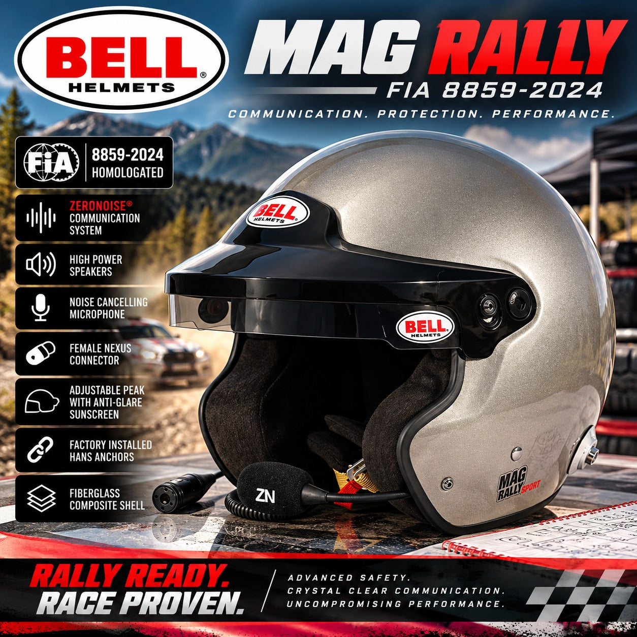 Bell MAG Rally FIA 8859-2024 open-face racing helmet in Titanium Silver Metallic, featuring integrated ZeroNoise communications, high-power speakers, noise-canceling boom microphone, Female Nexus connector, adjustable anti-glare sun peak, factory-installed HANS anchors, and fiberglass composite shell against a dramatic rally racing background.