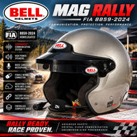 Thumbnail for Bell MAG Rally FIA 8859-2024 open-face racing helmet in Titanium Silver Metallic, featuring integrated ZeroNoise communications, high-power speakers, noise-canceling boom microphone, Female Nexus connector, adjustable anti-glare sun peak, factory-installed HANS anchors, and fiberglass composite shell against a dramatic rally racing background.