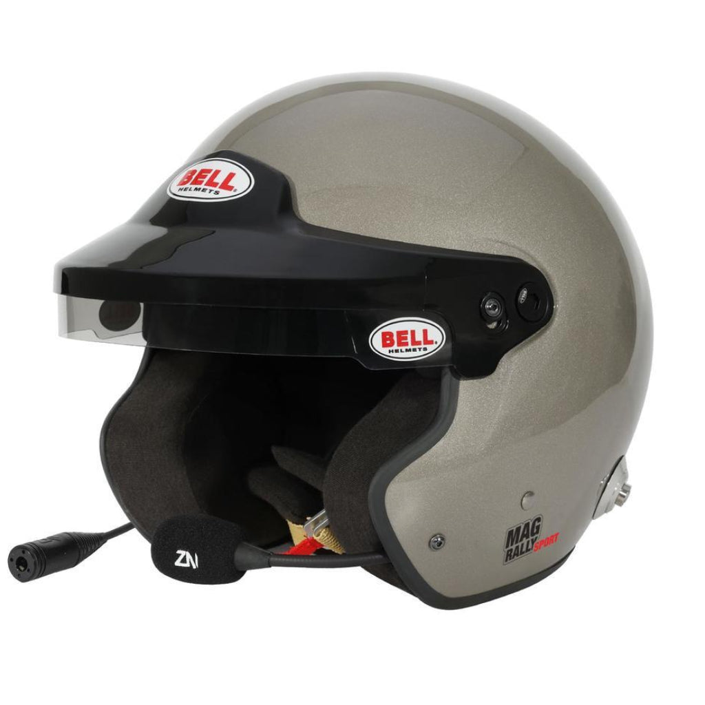 Bell MAG Rally Sport helmet in titanium finish front left angle with integrated microphone image