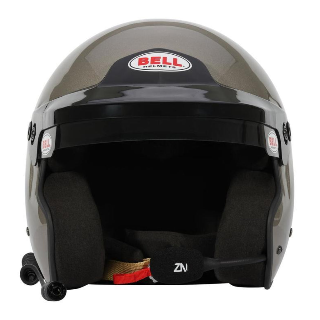 Bell MAG Rally Sport helmet titanium front view showing interior padding and microphone image
