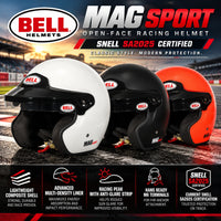 Thumbnail for Bell MAG Sport Helmet SA2025 hero image featuring white, hi-vis orange, and black open-face racing helmets.