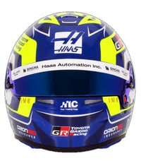 Thumbnail for Bell Oliver Bearman 2026 F1 mini helmet front view with blue visor and Haas Formula 1 graphics