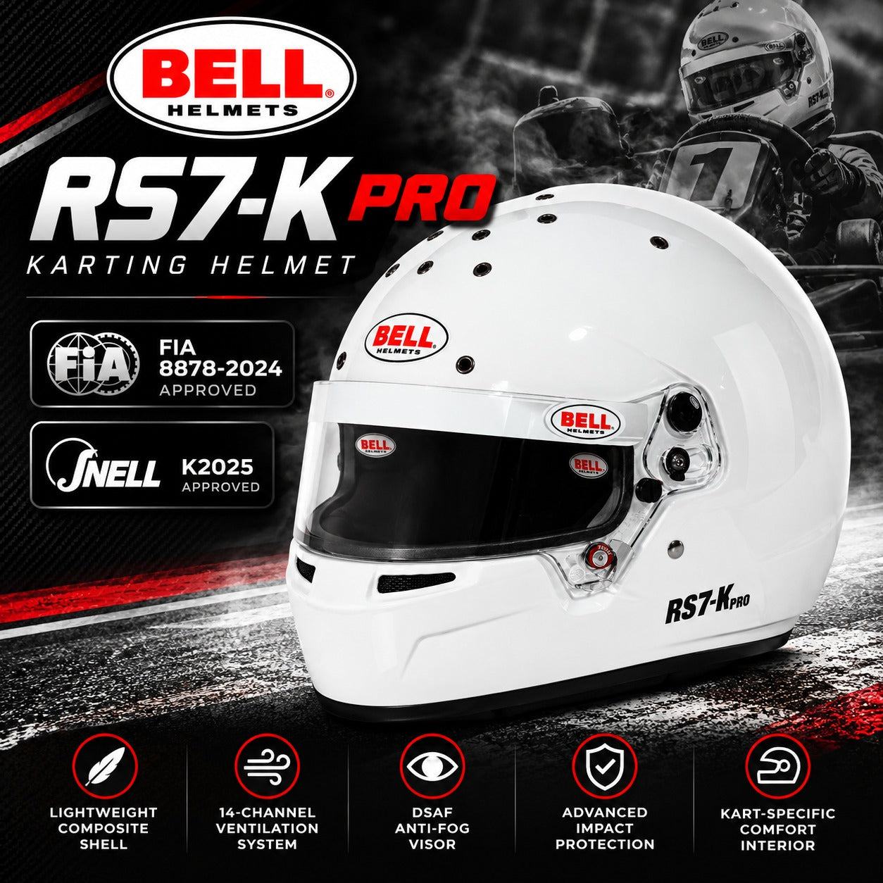 Bell RS7-K Pro Karting Helmet in white featuring FIA 8878-2024 and Snell K2025 certification, lightweight composite shell, 14-channel ventilation, DSAF anti-fog visor, and racing-inspired hero graph