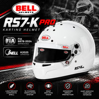 Thumbnail for Bell RS7-K Pro Karting Helmet in white featuring FIA 8878-2024 and Snell K2025 certification, lightweight composite shell, 14-channel ventilation, DSAF anti-fog visor, and racing-inspired hero graph