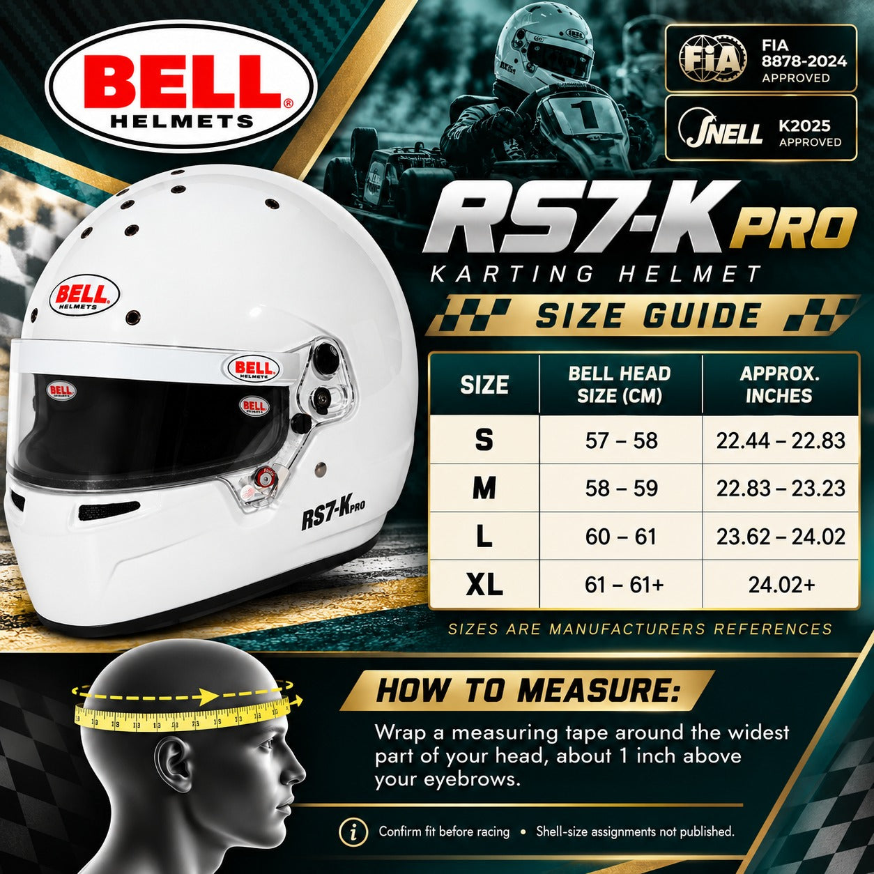 Bell RS7-K Pro Karting Helmet sizing chart showing sizes S through XL, head circumference measurements in centimeters and inches, FIA 8878-2024 and Snell K2025 certifications, and helmet measurement instructions.