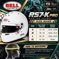 Thumbnail for Bell RS7-K Pro Karting Helmet sizing chart showing sizes S through XL, head circumference measurements in centimeters and inches, FIA 8878-2024 and Snell K2025 certifications, and helmet measurement instructions.