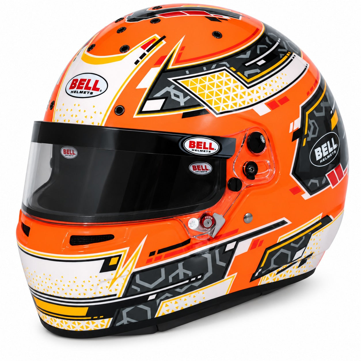 Bell RS7-K Pro Stamina karting helmet in Anthracite/Orange featuring bold orange, black, gray, and white racing graphics, aerodynamic composite shell, and SE07 3mm anti-fog visor.