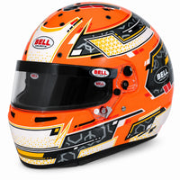 Thumbnail for Bell RS7-K Pro Stamina karting helmet in Anthracite/Orange featuring bold orange, black, gray, and white racing graphics, aerodynamic composite shell, and SE07 3mm anti-fog visor.