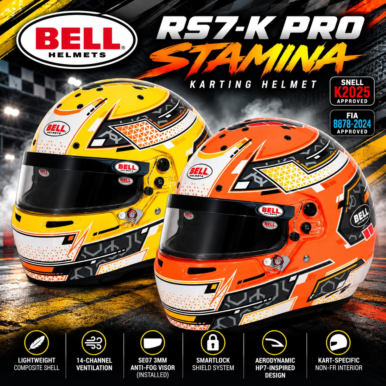 Bell RS7-K Pro Stamina karting helmet hero image featuring the Anthracite/Yellow and Anthracite/Orange colorways, Snell K2025 and FIA 8878-2024 approvals, and key performance features.