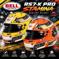 Thumbnail for Bell RS7-K Pro Stamina karting helmet hero image featuring the Anthracite/Yellow and Anthracite/Orange colorways, Snell K2025 and FIA 8878-2024 approvals, and key performance features.