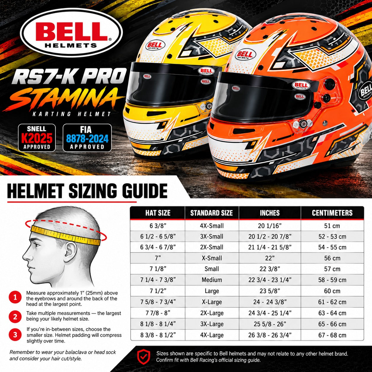 Bell RS7-K Pro Stamina karting helmet sizing chart featuring Anthracite/Orange and Anthracite/Yellow helmets, head circumference measurements in inches and centimeters, and Bell helmet fitting instructions.