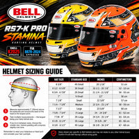 Thumbnail for Bell RS7-K Pro Stamina karting helmet sizing chart featuring Anthracite/Orange and Anthracite/Yellow helmets, head circumference measurements in inches and centimeters, and Bell helmet fitting instructions.
