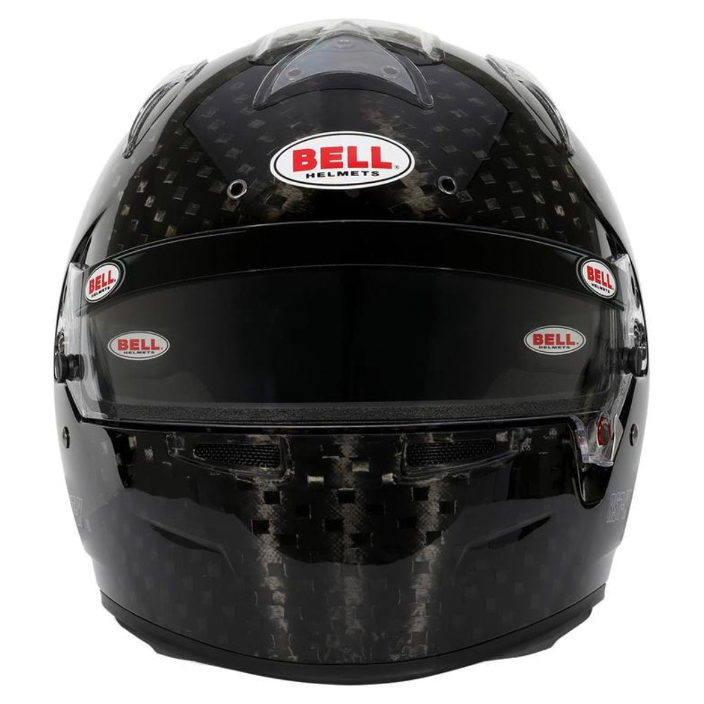 Front view of Bell RS7-K ULTRA carbon helmet showing wide eye port, visor seal, and upper ventilation image