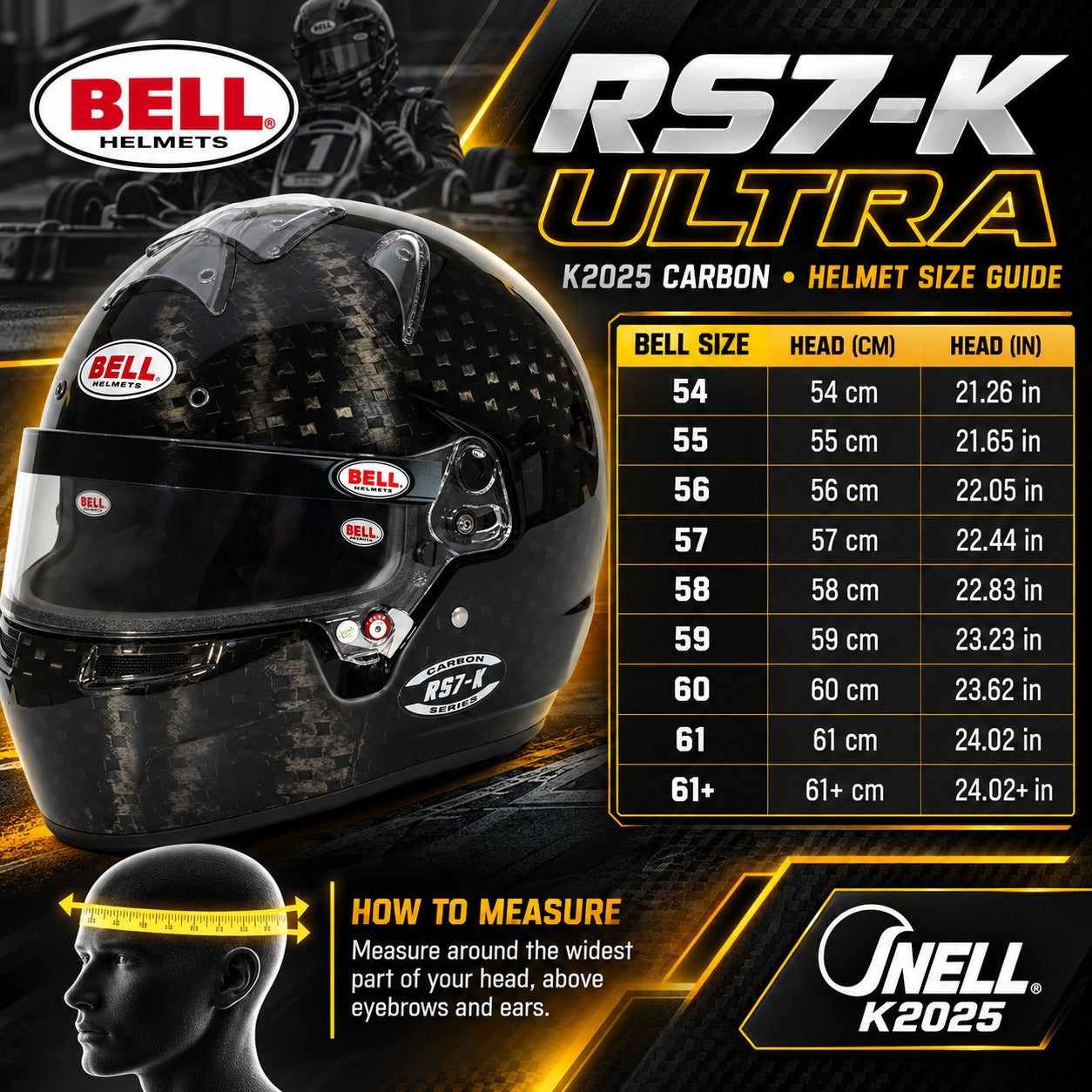 Bell RS7-K Ultra K2025 Carbon Karting Helmet sizing chart showing sizes 54 through 61+, head circumference measurements in centimeters and inches, and helmet measuring instructions.
