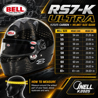 Thumbnail for Bell RS7-K Ultra K2025 Carbon Karting Helmet sizing chart showing sizes 54 through 61+, head circumference measurements in centimeters and inches, and helmet measuring instructions.