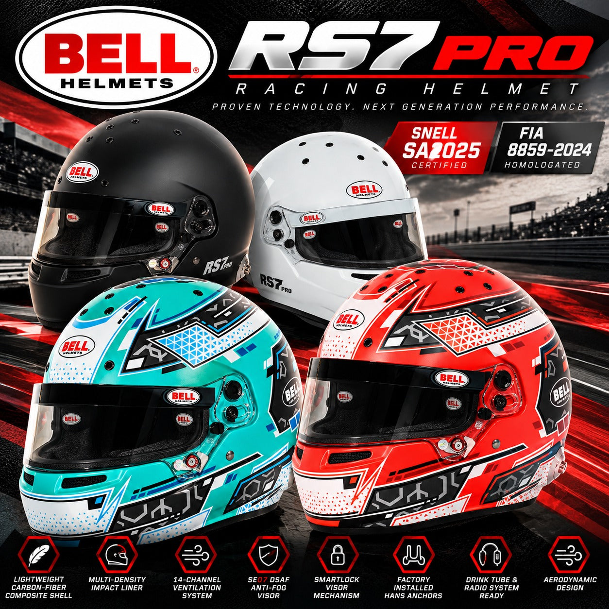 Bell RS7 Pro SA2025 racing helmet collection hero image featuring Matte Black, White, Anthracite/Aquamarine, and Anthracite/Red helmets, with FIA 8859-2024 certification, lightweight carbon-fiberglass composite shells, 14-channel ventilation, SE07 DSAF anti-fog shields, SmartLock visor system, and HANS anchors.