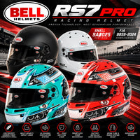 Thumbnail for Bell RS7 Pro SA2025 racing helmet collection hero image featuring Matte Black, White, Anthracite/Aquamarine, and Anthracite/Red helmets, with FIA 8859-2024 certification, lightweight carbon-fiberglass composite shells, 14-channel ventilation, SE07 DSAF anti-fog shields, SmartLock visor system, and HANS anchors.