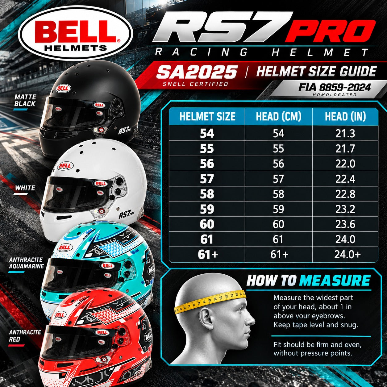 Bell RS7 Pro SA2025 racing helmet sizing chart featuring Matte Black, White, Anthracite/Aquamarine and Anthracite/Red helmets, head circumference measurements from 54 to 61+ cm with inch conversions, measuring instructions, and FIA 8859-2024 certification.