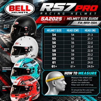 Thumbnail for Bell RS7 Pro SA2025 racing helmet sizing chart featuring Matte Black, White, Anthracite/Aquamarine and Anthracite/Red helmets, head circumference measurements from 54 to 61+ cm with inch conversions, measuring instructions, and FIA 8859-2024 certification.