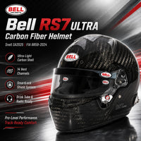 Thumbnail for 
Bell RS7 ULTRA Carbon Fiber SA2025 racing helmet hero image with 14 ventilation channels, SmartLock shield system, HANS anchors, radio and drink tube compatibility, and FIA 8859-2024 certification