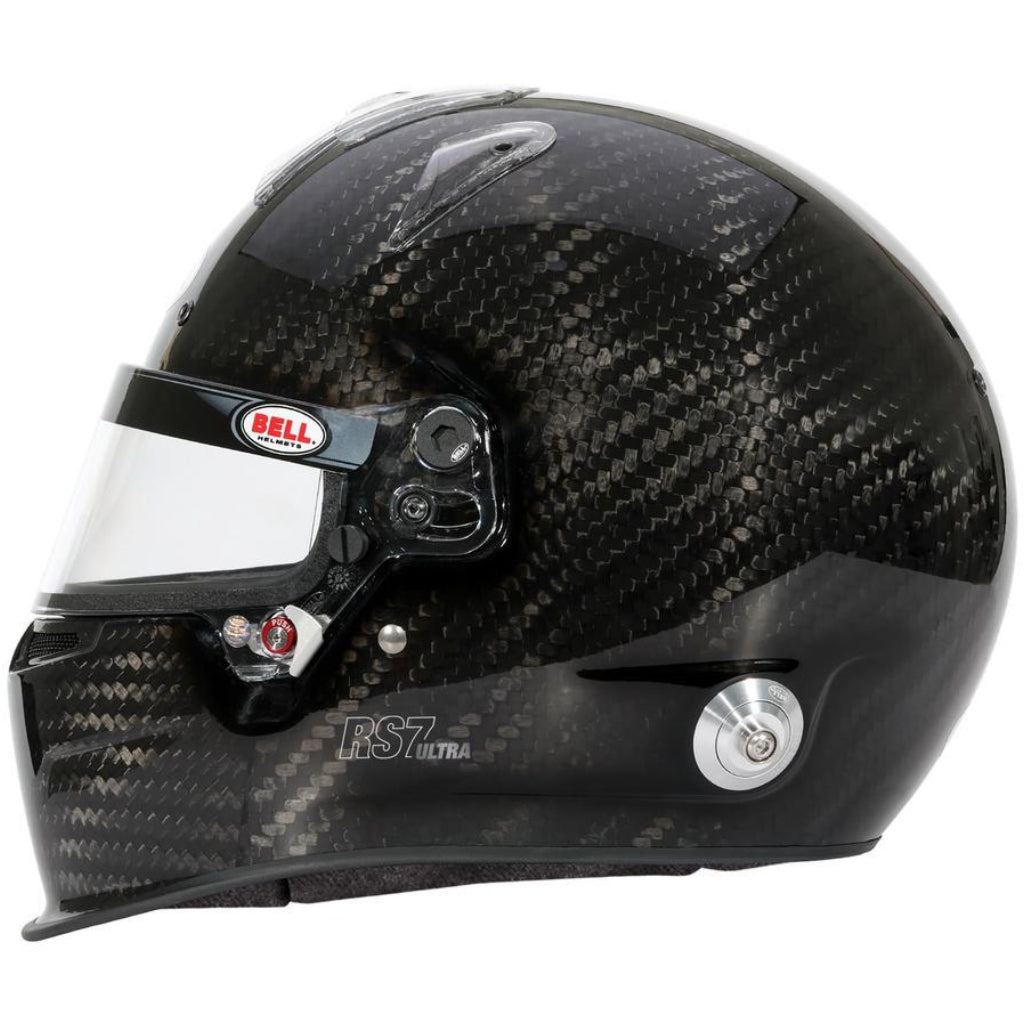 Bell RS7 ULTRA Carbon helmet with duckbill left side profile showing carbon fiber shell image