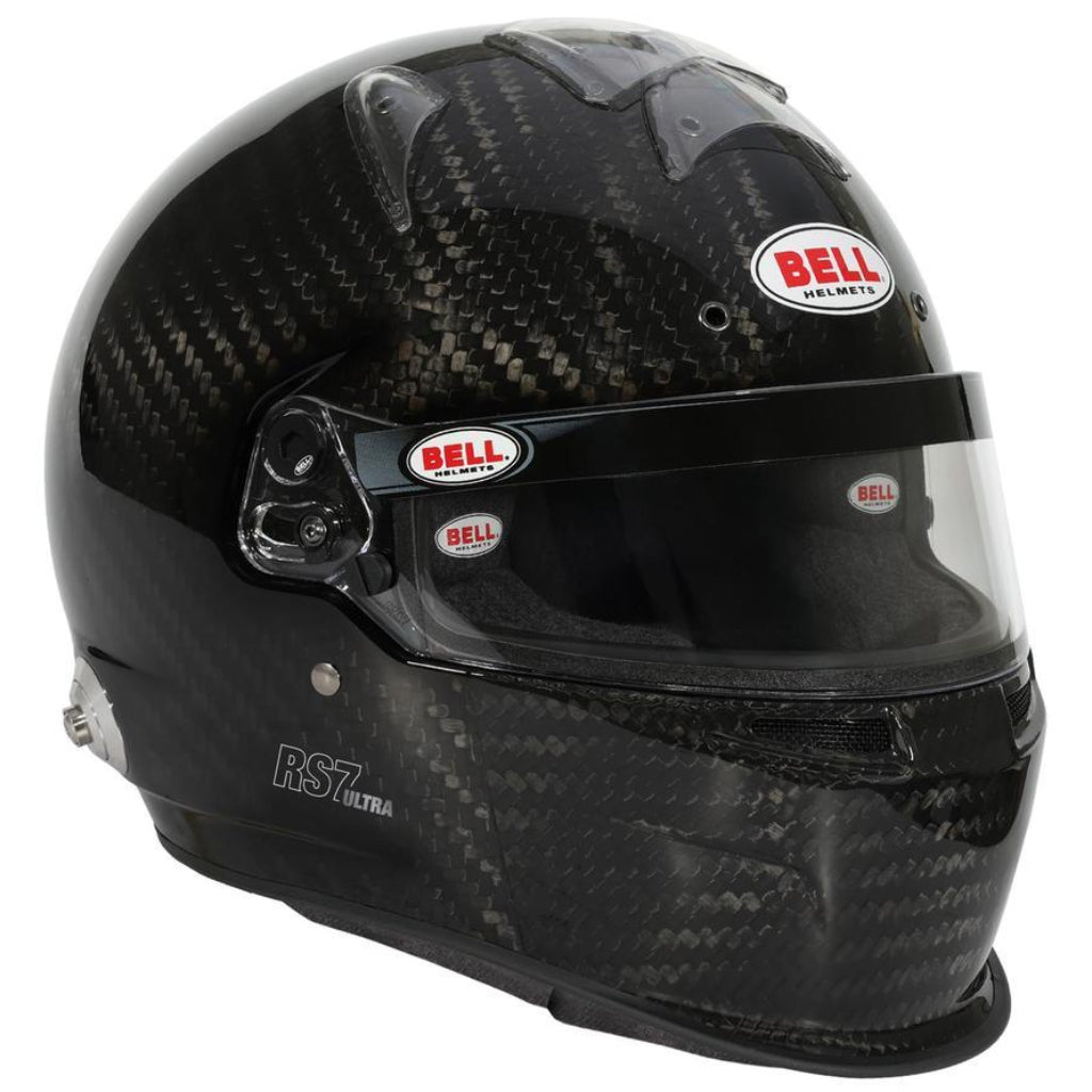 Bell RS7 ULTRA Carbon helmet with duckbill rear angled view showing visor band and carbon shell image