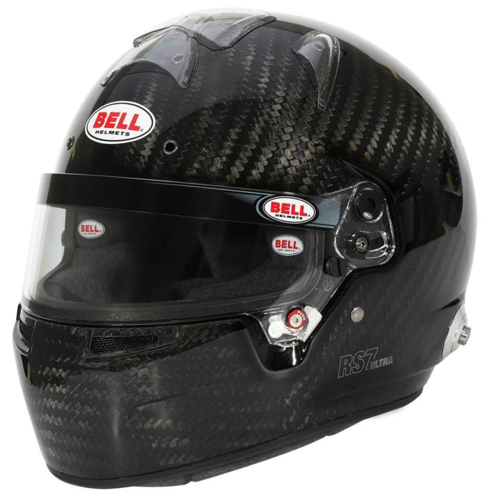 Bell RS7 ULTRA Carbon helmet angled front view showing visor and carbon shell image