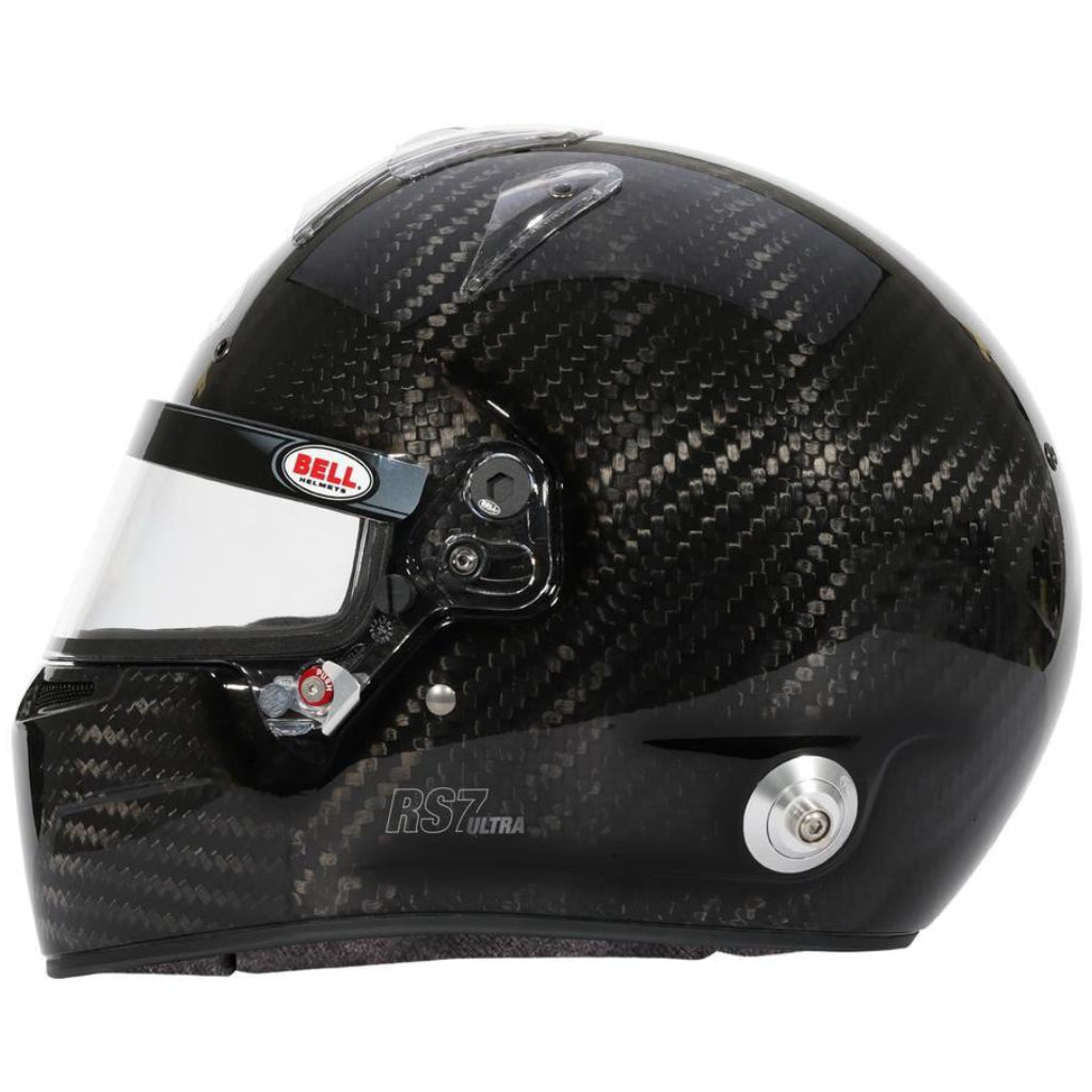 Bell RS7 ULTRA Carbon helmet left side profile showing carbon fiber shell and visor image