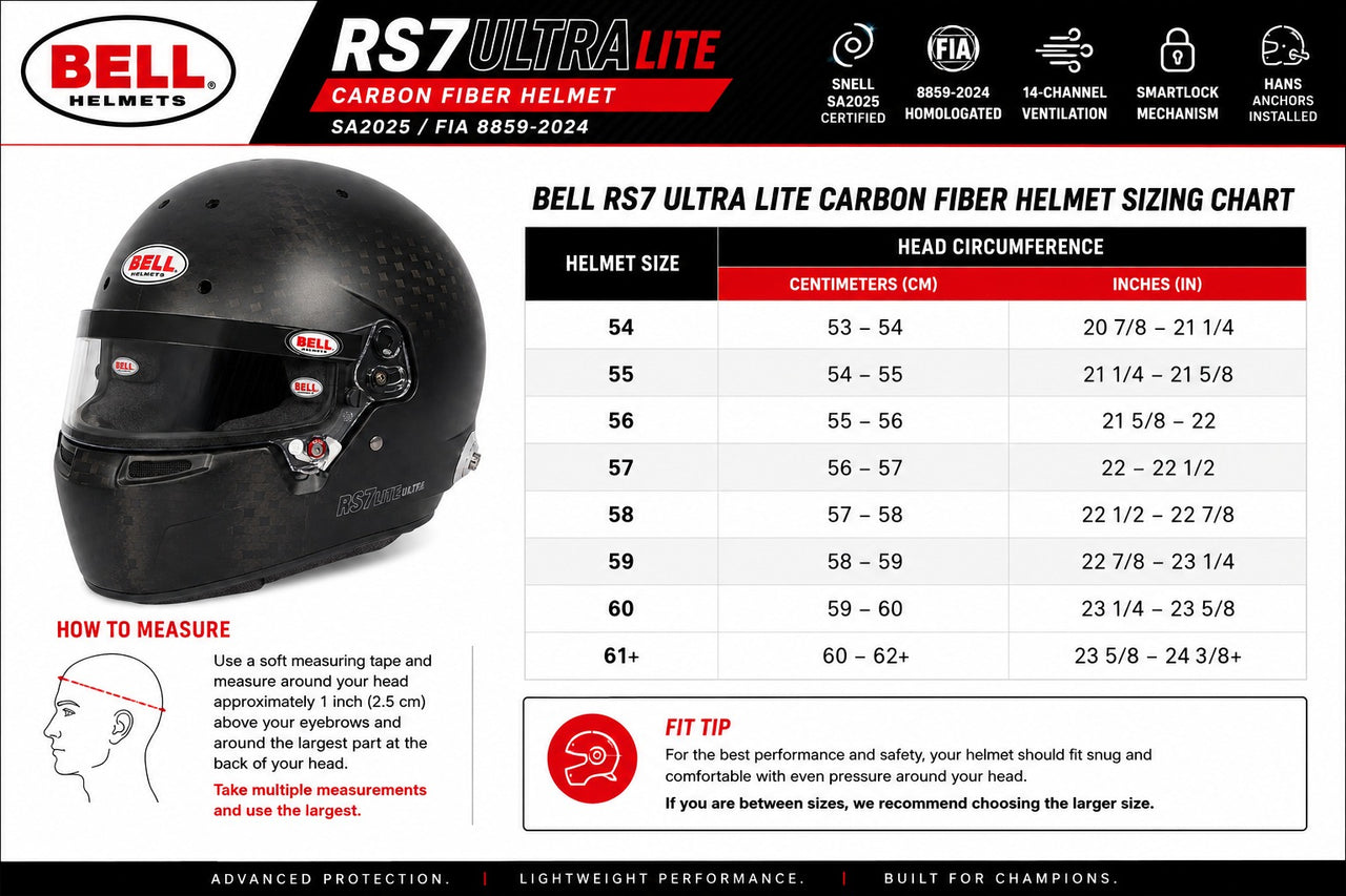 Bell RS7 Ultra Lite Carbon Fiber SA2025 racing helmet sizing chart with head circumference measurements in centimeters and inches