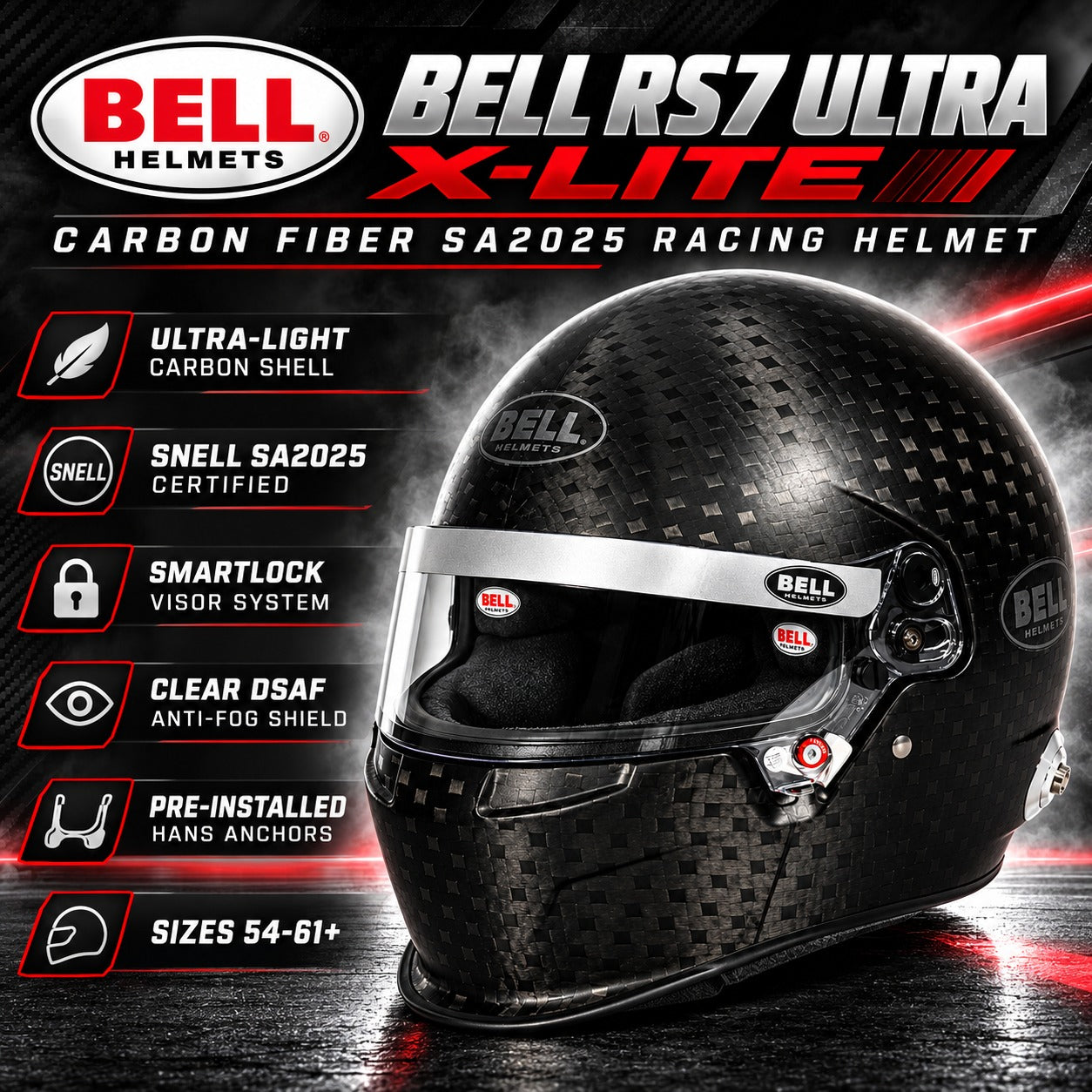 Bell RS7 ULTRA X-Lite Carbon Fiber SA2025 Racing Helmet featuring ultra-lightweight carbon shell, SmartLock visor system, DSAF anti-fog shield, pre-installed HANS anchors, and Snell SA2025 certification.