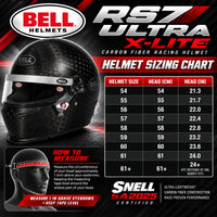 Thumbnail for Bell RS7 ULTRA X-Lite Carbon Fiber SA2025 Racing Helmet sizing chart showing helmet sizes 54–61+, head circumference measurements in centimeters and inches, and instructions for measuring proper helmet fit.