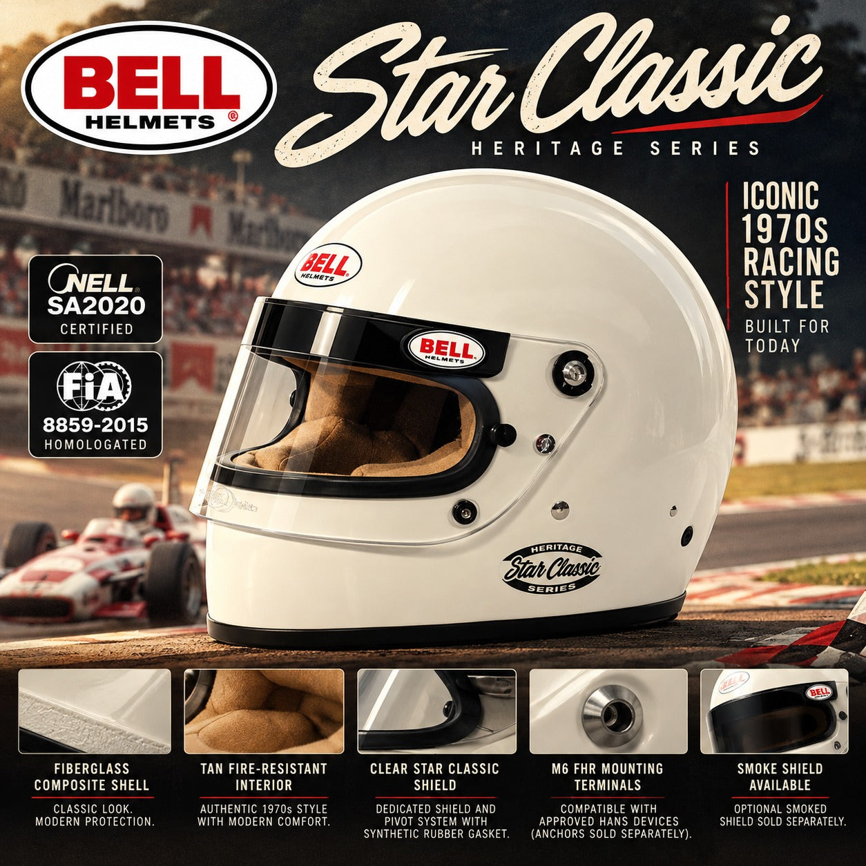 Bell Star Classic Vintage Racing Helmet in gloss Heritage White, featuring iconic 1970s Formula One styling, Snell SA2020 and FIA 8859-2015 certifications, fiberglass composite shell, tan fire-resistant interior, clear racing shield, M6 HANS mounting provisions, and optional smoked visor against a retro motorsport background.