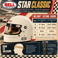 Thumbnail for Bell Star Classic Vintage Racing Helmet sizing chart featuring Heritage White helmet, sizes Small through XL, head circumference measurements in centimeters and inches, proper helmet measuring instructions, and retro 1970s motorsport styling.