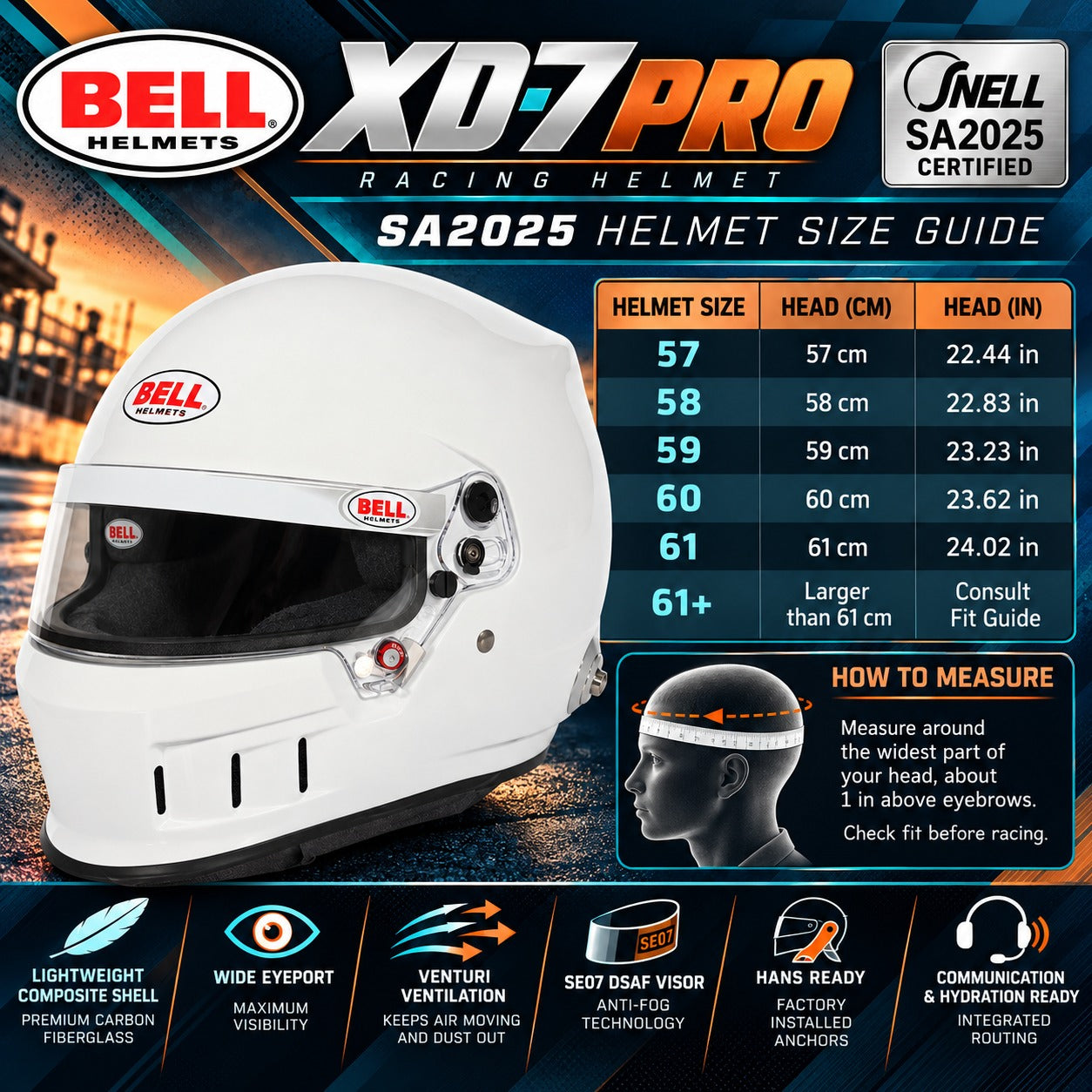 Bell XD7 PRO SA2025 racing helmet sizing chart featuring a white helmet, sizes 57 through 61+, head circumference in centimeters and inches, measuring instructions, and Venturi ventilation features.