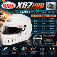 Thumbnail for Bell XD7 PRO SA2025 racing helmet sizing chart featuring a white helmet, sizes 57 through 61+, head circumference in centimeters and inches, measuring instructions, and Venturi ventilation features.