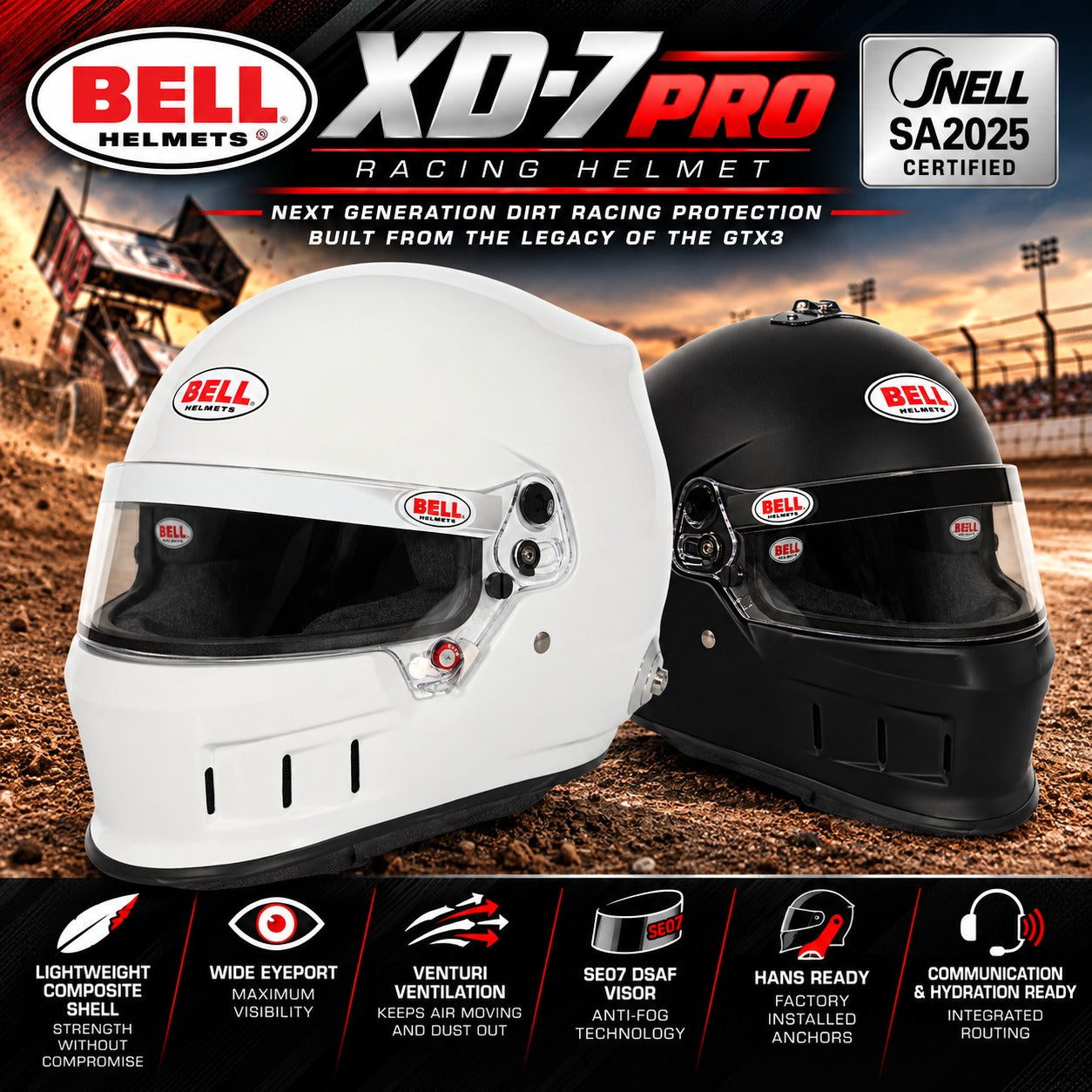 Bell XD7 Pro SA2025 racing helmet hero image featuring White and Matte Black helmets, lightweight carbon-fiberglass composite shells, Snell SA2025 certification, Venturi ventilation system, SE07 DSAF anti-fog shields, factory-installed HANS anchors, and communication and hydration compatibility.