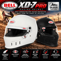 Thumbnail for Bell XD7 Pro SA2025 racing helmet hero image featuring White and Matte Black helmets, lightweight carbon-fiberglass composite shells, Snell SA2025 certification, Venturi ventilation system, SE07 DSAF anti-fog shields, factory-installed HANS anchors, and communication and hydration compatibility.