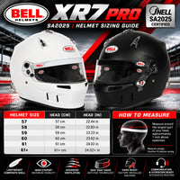 Thumbnail for Bell XR7 PRO SA2025 racing helmet sizing chart featuring Matte Black and White helmets, head circumference measurements in centimeters and inches, sizes 57 through 61+, Snell SA2025 certification, and measuring instructions.
