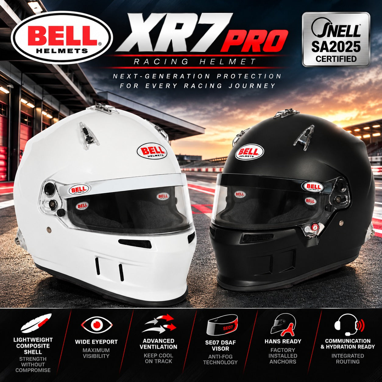 Bell XR7 Pro SA2025 racing helmet hero image featuring Matte Black and White helmets, Snell SA2025 certification, lightweight carbon-fiberglass composite shells, wide eyeports, advanced ventilation, SE07 DSAF anti-fog shields, factory-installed HANS anchors, and communication and hydration compatibility.