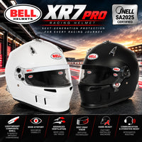 Thumbnail for Bell XR7 Pro SA2025 racing helmet hero image featuring Matte Black and White helmets, Snell SA2025 certification, lightweight carbon-fiberglass composite shells, wide eyeports, advanced ventilation, SE07 DSAF anti-fog shields, factory-installed HANS anchors, and communication and hydration compatibility.