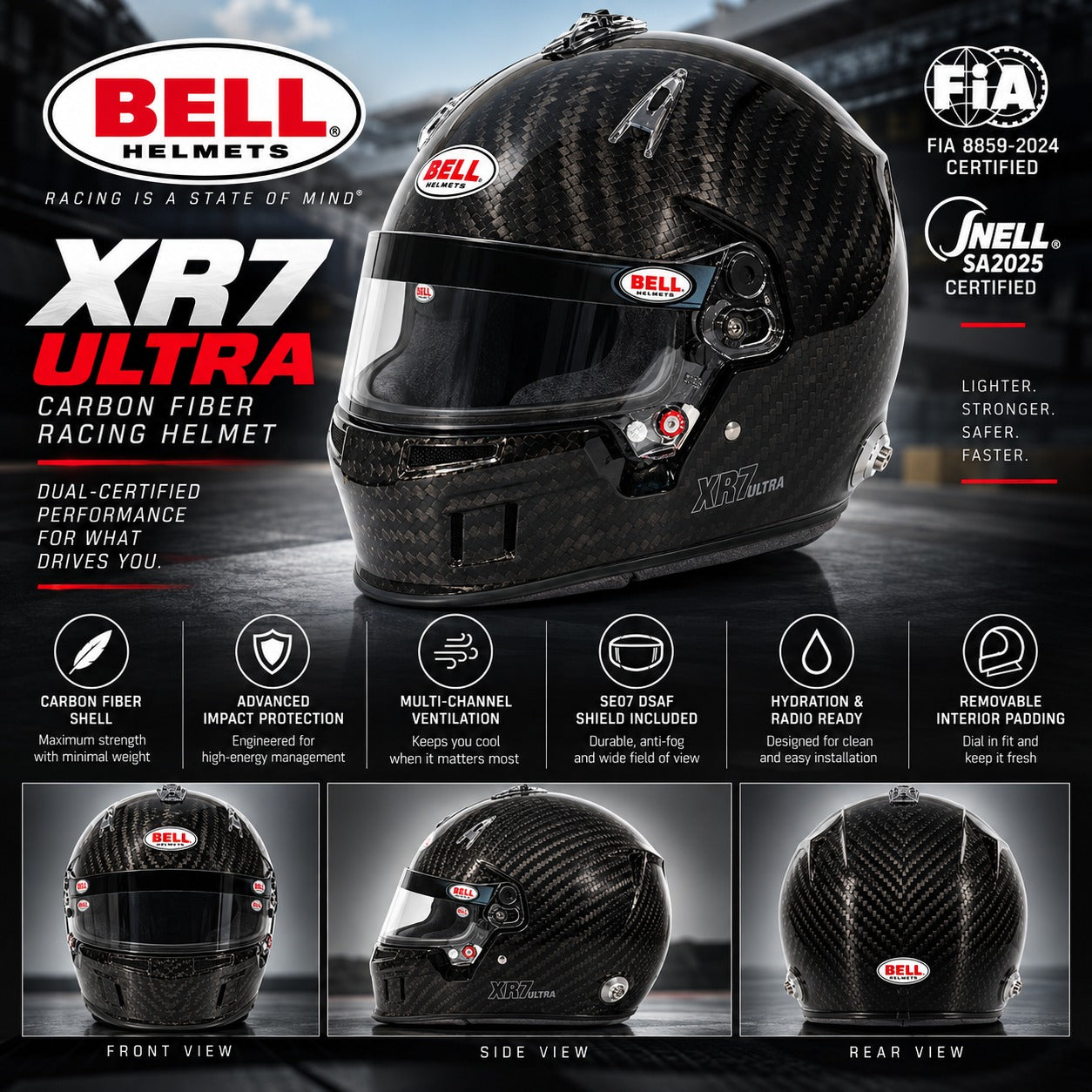 Bell XR7 Ultra carbon fiber racing helmet shown on a dark promotional background with front, side, and rear views, plus certification badges and feature icons.