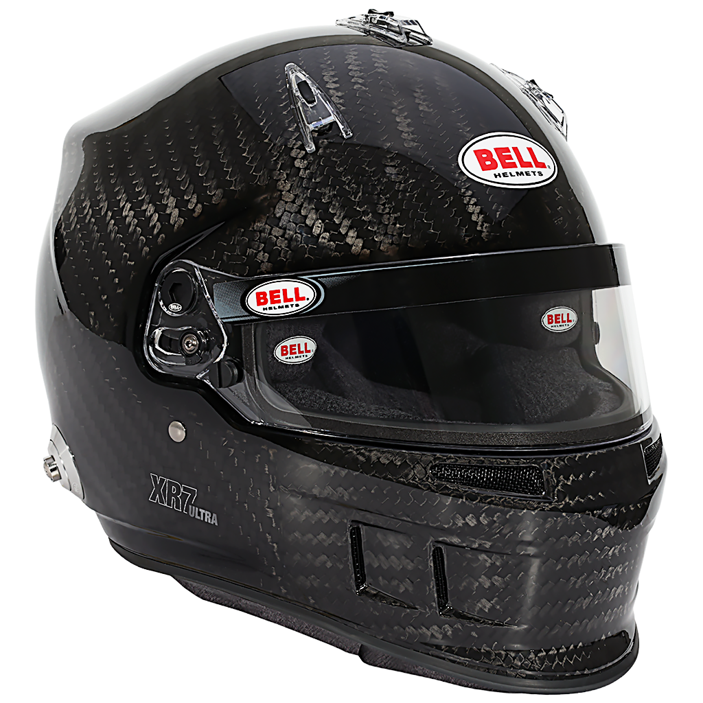 Bell XR7 Ultra Carbon helmet front three quarter view showing carbon fiber shell and clear visor image