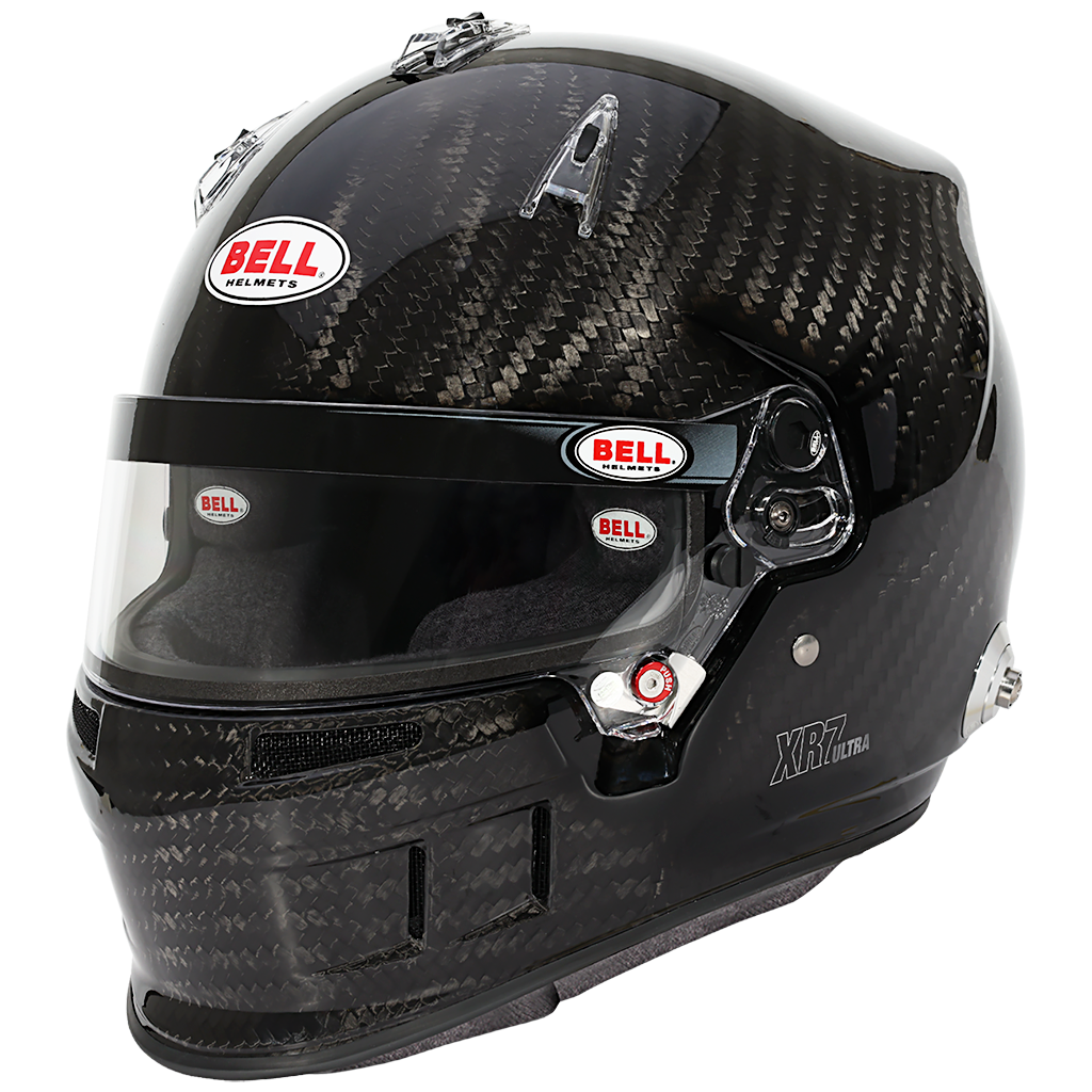 Bell XR7 Ultra Carbon helmet angled front view with visor hardware and carbon finish image