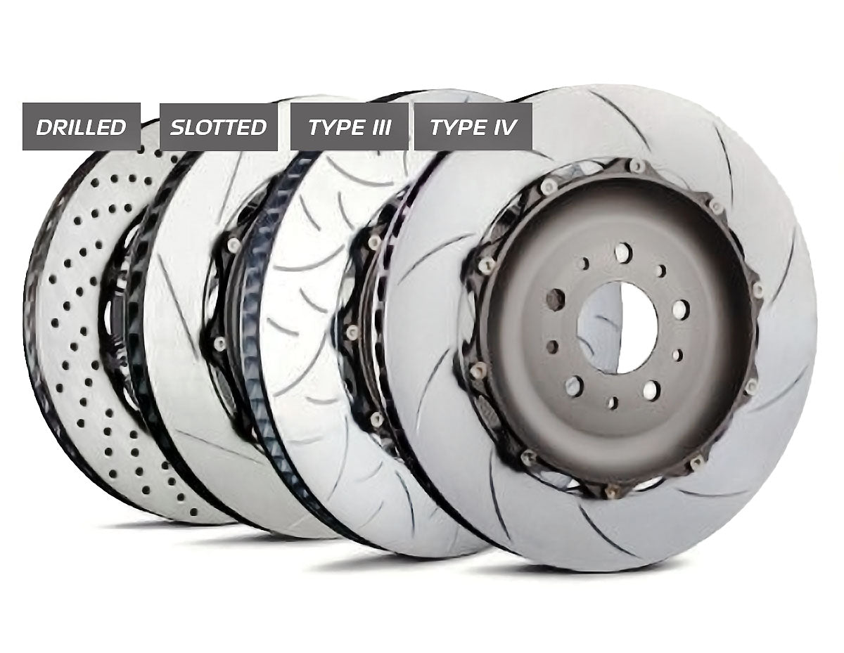 Brembo racing brake rotor types Drilled Slotted Type III and Type IV surfaces.