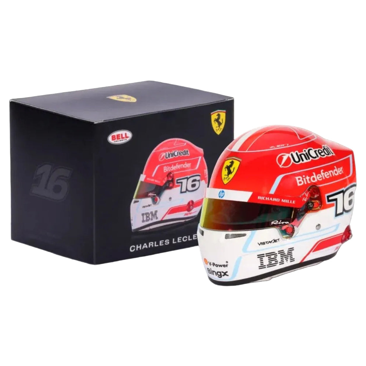 Charles Leclerc 2026 F1 mini helmet shown with larger faded helmet comparison on black background