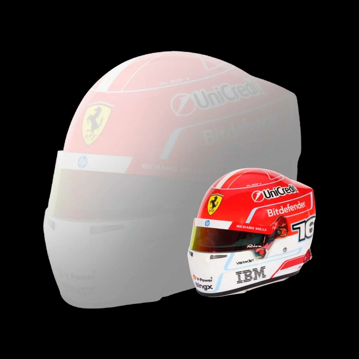 Charles Leclerc 2026 F1 mini helmet shown with larger faded helmet comparison on black background
