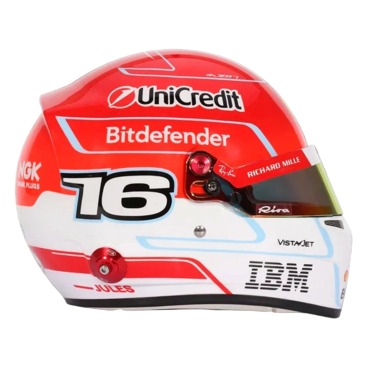 Charles Leclerc 2026 F1 mini helmet opposite side view with red and white Ferrari livery