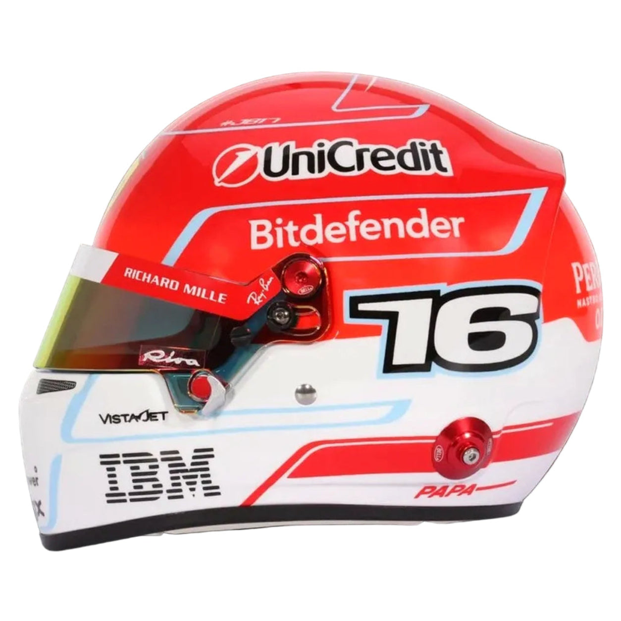 Charles Leclerc 2026 F1 mini helmet side view with number 16 and sponsor graphics