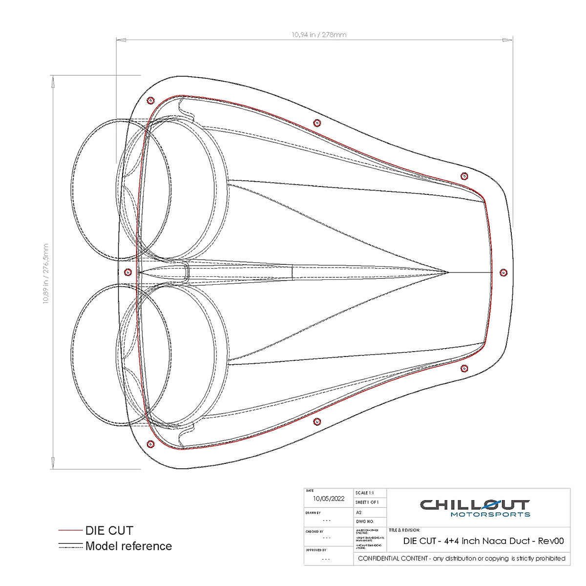 Technical drawing of a Dual NACA duct with dimensions and Chillout Motorsports branding.